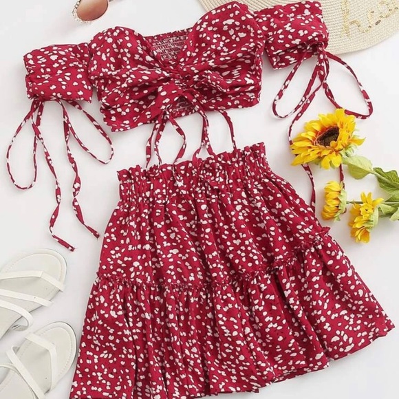Crop top and skirt set, red, braided top, never worn, brand new